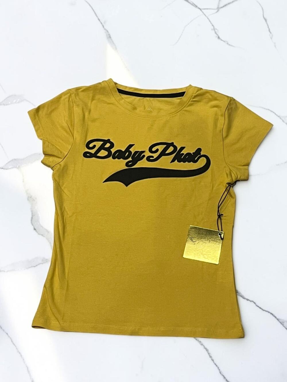 Baby Phat Women’s T-Shirt Size M Mustard Yellow Cursive Logo Short Sleeve NWT